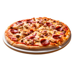 Delicious mixture pizza on wooden board view