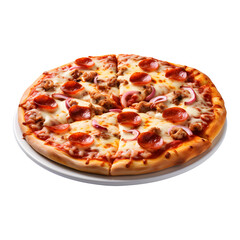 Delicious mixture pizza on wooden board view