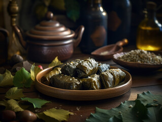 Dolmades in a rustic kitchen