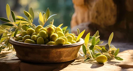 Poster Cup with fresh olives and olive branch on stone table, summer harvest of olives for oil, web banner © Kseniya
