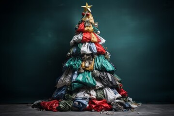 Christmas tree made up of waste. Environmental protection concept - obrazy, fototapety, plakaty