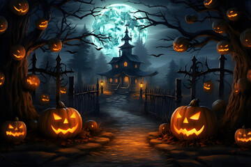 halloween background with pumpkin and bats, Haunted Path to the Moonlit Manor.