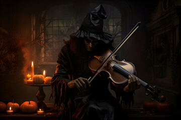 Fototapeta premium halloween witch with a pumpkin, Witching Hour Serenade fiddle.