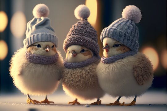 cute 3 French hens in winter hats Hyperrealistic cinematic lighting Engine 5 