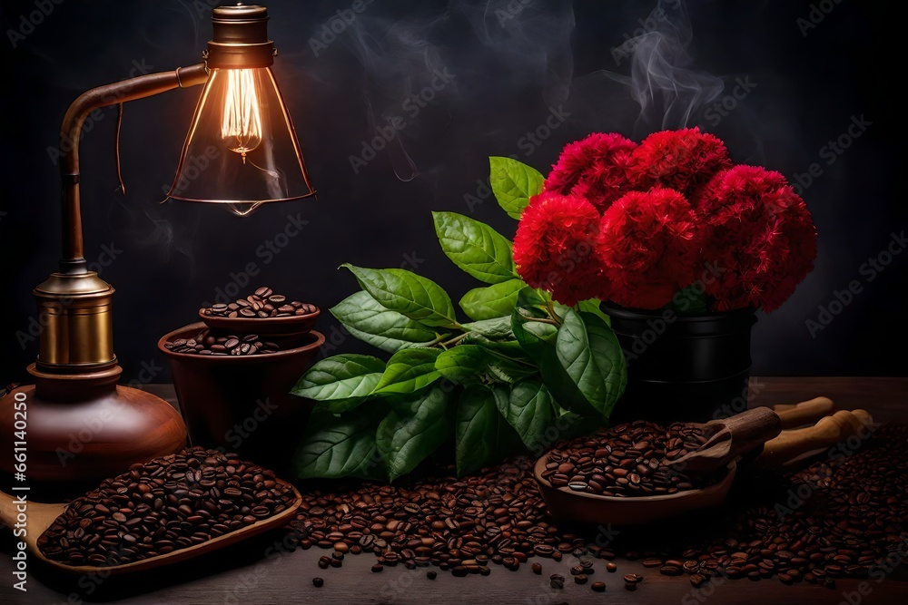 Poster a lamp on top of two pickaxes and two large branches of coffee - ai generative