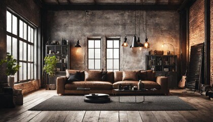 Industrial Loft-Style Living Room Interior: 3D Rendering
