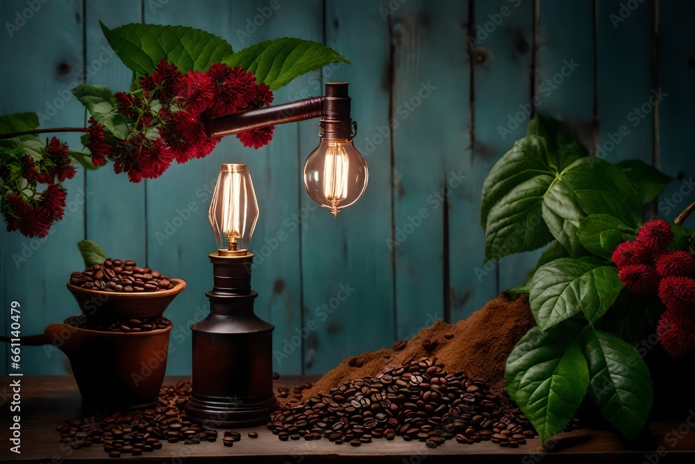 Poster a lamp on top of two pickaxes and two large branches of coffee - ai generative