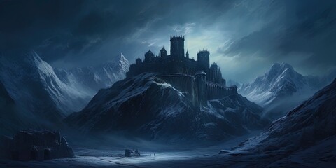 Old historic medieval fantasy castle in snow covered dark mountains at night. Blue Heus