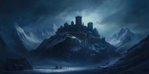 Fotobehang Fantasie landschap Old historic medieval fantasy castle in snow covered dark mountains at night. Blue Heus