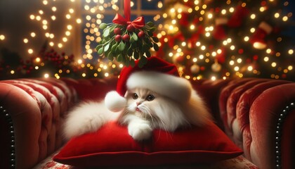 Fototapeta na wymiar Festive Fluffy Cat in Santa Hat on Red Velvet Cushion