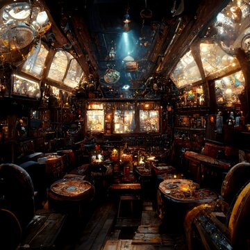 steampunk skyship interior town tavern with people and bartender intricate details volumetric light 8k octane render 