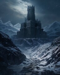 Old historic medieval fantasy castle in snow covered dark mountains at night. Blue Heus - 661140841