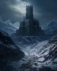 Old historic medieval fantasy castle in snow covered dark mountains at night. Blue Heus © W&S Stock