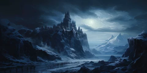 Fototapete Fantasielandschaft Old historic medieval fantasy castle in snow covered dark mountains at night. Blue Heus