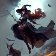 full figured witch black hat auburn hair hazel eyes plain brown leather armor black pants high boots three belts wizard staff flying on a witches broom through space  - obrazy, fototapety, plakaty