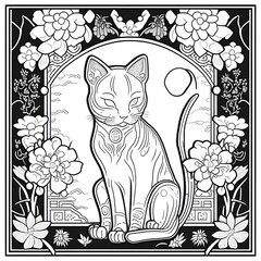 2d outline line art simple vector monochrome coloring page black cat Manekineko gothic bad luck intricate border frame greyscale 