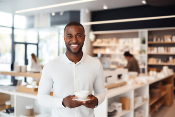 African American man drinks cofee in bookstore - obrazy, fototapety, plakaty