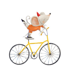 A little mouse in a clown hat and bright overalls rides a yellow bicycle on one leg. Cute fantastic circus illustration. Children's circus show performance © Ilona