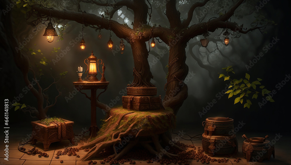 Poster a lamp on top of two pickaxes and two large branches of coffee - ai generative