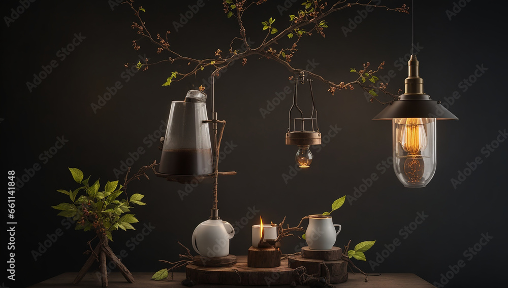 Poster a lamp on top of two pickaxes and two large branches of coffee - ai generative