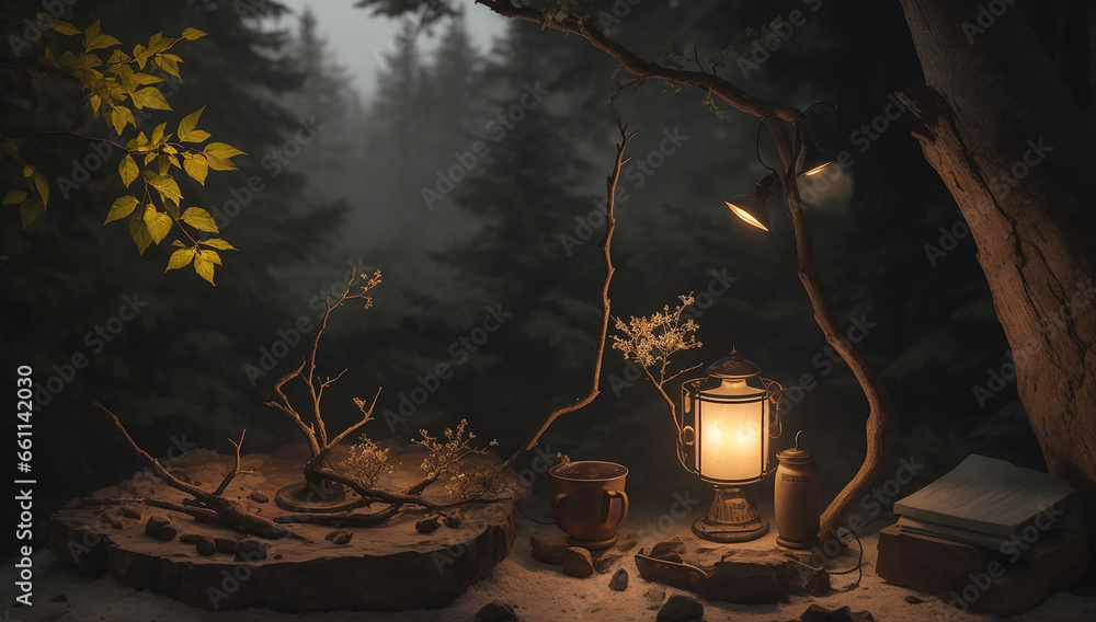 Poster a lamp on top of two pickaxes and two large branches of coffee - ai generative