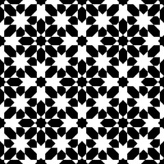 Seamless geometric ornament based on traditional islamic art. White figures on black background. Great design for fabric,textile,cover,wrapping paper,background.