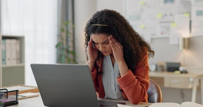 Frustrated woman, laptop and headache in stress, depression or mistake from overworked at office. Tired and exhausted female person with migraine in fail, burnout or anxiety on computer at workplace