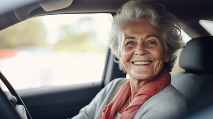 copy space, stockphoto, close up, Senior active woman driving a car. Elderly woman in good health driving a car. Senior healthy woman, traffic. - obrazy, fototapety, plakaty