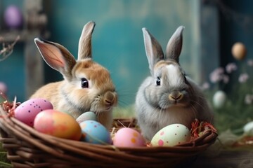Fototapeta na wymiar Two joyful rabbits in a basket full of vibrant eggs, adorable Easter painting, separated. Generative AI