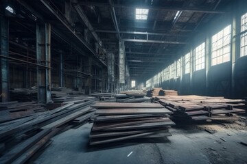 Spacious factory with metal stockpiles. Generative AI