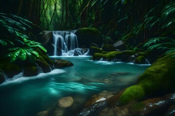 A mindblowing water stream in a lush jungle making it's way through rocks - AI Generative