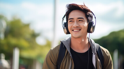 Young Asian guy with headphones listening to music outdoors - obrazy, fototapety, plakaty