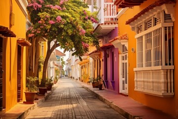 Fototapeta na wymiar Vibrant street in historic Cartagena, Colombia. Generative AI