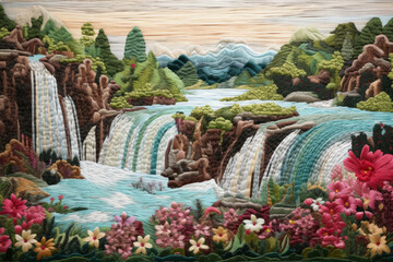 Embroidery colorful  landscape with a waterfall