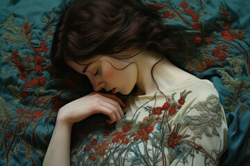 Beautiful tired girl sleeps on the embroidery
