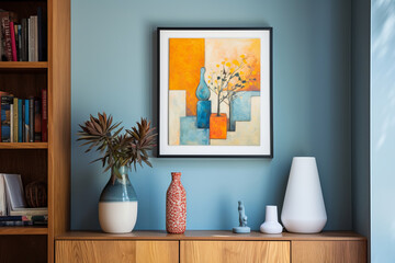 Small abstract painting on in interior with bookshelf