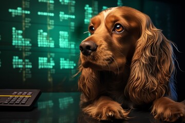 Cocker Spaniel Dog programmer. Dog Cocker Spaniel developer. Horizontal Banner Poster Background for web. Photo Al Generated - obrazy, fototapety, plakaty