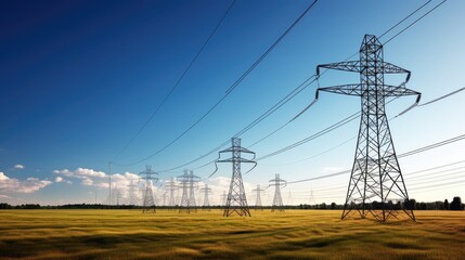 Electric horizons: The sun shines on high-voltage power lines, showcasing the towering structures that underpin our electricity infrastructure, against a vibrant blue sky backdrop