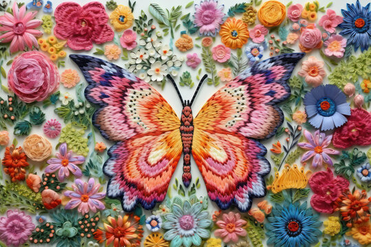 Embroidery butterfly among flowers