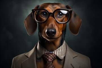 Dachshund Dog teacher. Dog Dachshund in glasses and suit. Horizontal Banner Poster Background for web. Photo AI Generated - obrazy, fototapety, plakaty