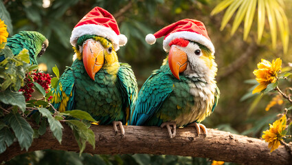 Cute funny cartoon parrot wearing santa hat tropical leaves