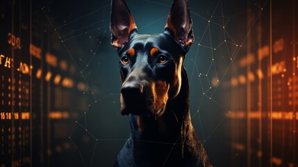 Dog Doberman code developer. Doberman Dog programmer. Horizontal banking background for web. Photo AI Generated