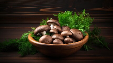 Forest treasures on display: Fresh Boletus edulis mushrooms, rosemary, and parsley herbs in an old bowl on a rustic wooden table, a top view background for culinary delights