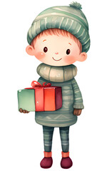 watercolor christmas costume kid with gift box.