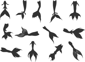 Fotobehang Mermaid tails silhouette, Tail silhouettes, Mermaid tail SVG, Mermaid tail vector illustration © DesignLands 