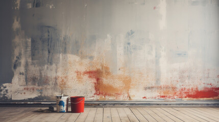 a bucket or jar of paint on the background of a painted wall, repair, construction, house, apartment, painting, colorful, workshop, space for text, bright colors, interior, design, studio