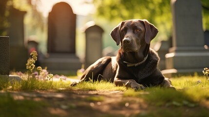 A dog lies next to a grave in a cemetery