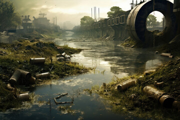 Abandoned industrial area with a river in the background, pollution of the environment
