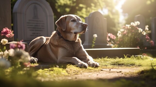 A dog lies next to a grave in a cemetery - Powered by Adobe
