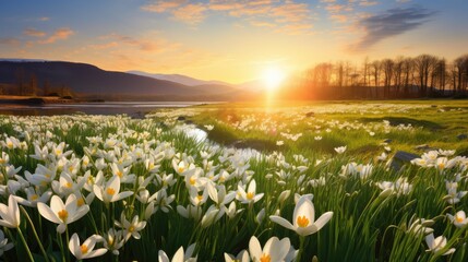 Awaken to spring's beauty: A captivating panorama of a blooming meadow, adorned with spring knot flowers, snowdrops, and crocuses, bathed in the gentle morning sun's glow - obrazy, fototapety, plakaty